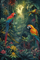 Wall Mural - Drawing of a South Amnerican jungle with colorful flowers and macaw birds..  Generative AI.