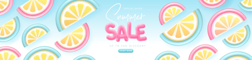 Wall Mural - Summer big sale typography poster with 3d plastic text and tropic fruits. Summer background. Vector illustration.