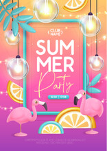 Summer Disco Party Typography Poster With 3D Plastic Flamingo, Electric Lamps And Tropic Leaves. Vector Illustration