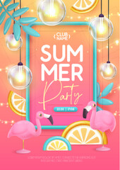 Summer disco party typography poster with 3D plastic flamingo, electric lamps and tropic leaves. Vector illustration