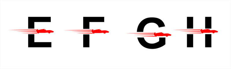 Vector graphic letter alphabet in a set E, F, G, H with red speeding racing car logo