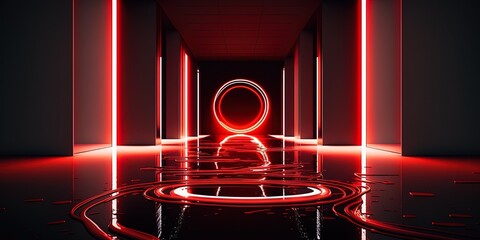Wall Mural - Illustration of a dark corridor with a circular red laser neon electric frame on a floor covered in water's liquid ripples. Generative AI