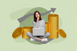 Composite collage of young thoughtful business lady touch chin minded stack coins savings graphic trading netbook isolated on green background