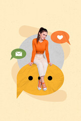 Poster - Creative 3d collage illustration artwork of lovely girl sitting waiting instagram facebook messenger sms isolated on painting background