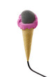 Creative rendering of an isolated microphone tucked inside an ice cream cone, blended into the melting pink cream, with a wire at the bottom end.
