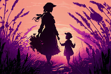 illustration of womanand little girl walking at sunset field. AI