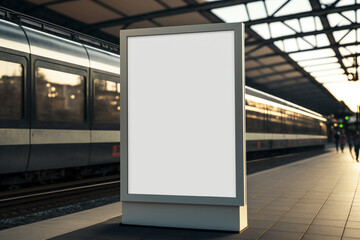 blank white digital sign billboard poster mockup in train station during evening
