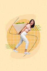 Wall Mural - Vertical collage picture of astonished positive mini girl arms hold big sandwich isolated on creative beige background