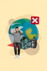 Sticker - Creative abstract template collage of frightened man hands head planet earth terrible ecological pollution climate change template metaphor