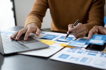 Creative Web, Graphic Designer, Tester team planning website ui xi app for mobile application development template layout. Prototyping wireframe development process program user experience concept.