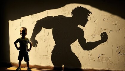 Wall Mural - Little kid boy with strongman athlete shadow on wall, young boy wishing grow up and be strong big man, childhood dream about adult future concept. Little guy imagines himself in adult, generative AI