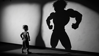 Sticker - Little kid boy with strongman athlete shadow on wall, young boy wishing grow up and be strong big man, childhood dream about adult future concept. Little guy imagines himself in adult, generative AI