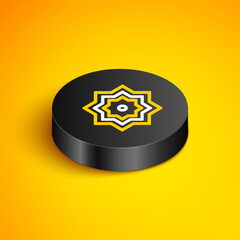 Sticker - Isometric line Islamic octagonal star ornament icon isolated on yellow background. Black circle button. Vector