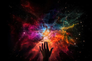 Poster - a hand touching the heart of the colorful universe, beautiful abstract landscape, generative ai
