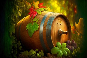 Wall Mural - g alcohol from large wine barrel in garden, created with generative ai