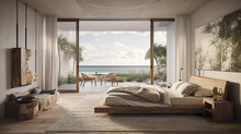 Luxury Tropical Beach Apartment Suite Lounge, Overlooking To The Ocean, Generative Ai