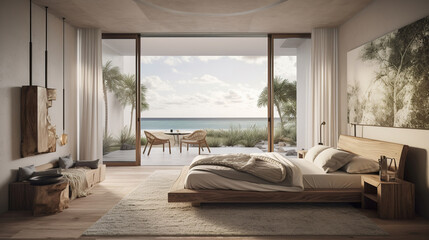 luxury tropical beach apartment suite lounge, overlooking to the ocean, generative ai