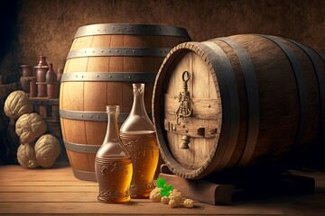 Wall Mural - beer ale and mead fermentation in wooden wine barrels, created with generative ai