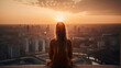 silhouette of a beautiful woman meditating on the top of a skyscraper, doing yoga, overlooking to the city, generative ai