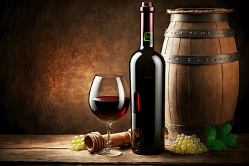 Wall Mural - bottle of red wine with cork and gl against background of wooden wine barrel, created with generative ai