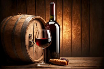 Wall Mural - bottle of red wine with cork and gl against background of wooden wine barrel, created with generative ai