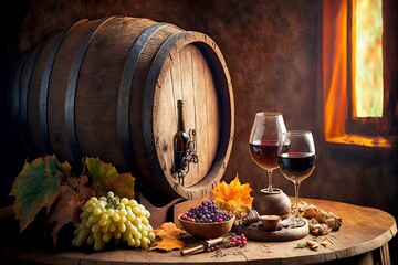 Wall Mural - treat of wine from wooden wine barrel on table at home, created with generative ai