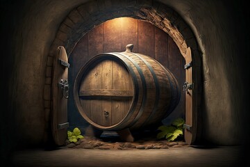 Wall Mural - wooden wine barrel with metal hoops stored in cellar, created with generative ai