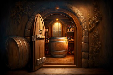 Wall Mural - cold deep wine cellar with oak wine barrel, created with generative ai