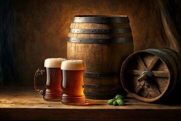 Wall Mural - kegs with beer on wooden table wine barrel, created with generative ai