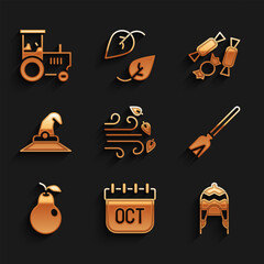 Wall Mural - Set Windy weather, October calendar autumn, Winter hat, Handle broom, Pear, Witch, Candy and Tractor icon. Vector