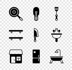 Sticker - Set Frying pan, Light bulb, Spatula, House, Refrigerator, Bathtub, Empty wooden shelves and Knife icon. Vector