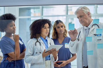 Poster - Planning, training and doctors or people on glass board for workflow strategy, hospital management and internship. Medical students or women, healthcare mentor and clinic job priority on sticky note