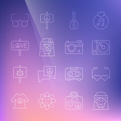 Poster - Set line Hippie girl, Heart shaped love glasses, Vinyl player, Guitar, Peace, Glasses and Photo camera icon. Vector