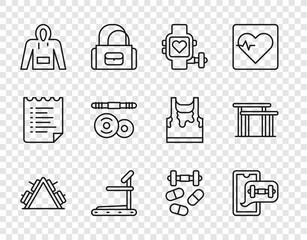 Canvas Print - Set line Metal rack with weight, Fitness app, Smart watch heart, Treadmill machine, Hoodie, Barbell, Sports doping dumbbell and Uneven bars icon. Vector