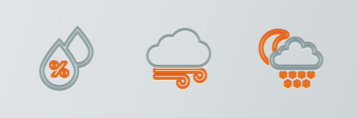 Wall Mural - Set line Cloud with snow and moon, Water drop percentage and Windy weather icon. Vector