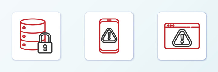 Poster - Set line Browser with exclamation mark, Server security lock and Mobile icon. Vector