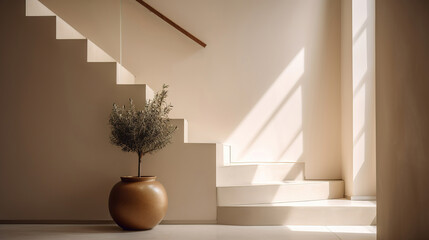 contemporary minimalistic interior design, beige color, stairs, generative ai