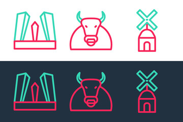 Sticker - Set line Windmill, Gate of Europe and Bull icon. Vector