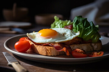 Canvas Print - a close up shot of a plate of delicious blt bacon lettuce, tomatoe and eggs. Generative AI	