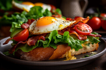 Wall Mural - a close up shot of a plate of delicious blt bacon lettuce, tomatoe and eggs. Generative AI	