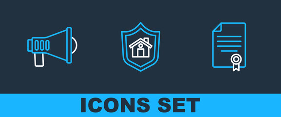 Sticker - Set line House contract, Megaphone and with shield icon. Vector