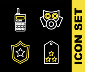 Sticker - Set line Gas mask, Military rank, Police badge and Walkie talkie icon. Vector