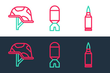 Wall Mural - Set line Bullet, Military helmet and Rocket launcher icon. Vector