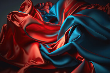 blue red silk satin background. soft wavy folds. shiny silky fabric. dark teal color elegant backgro