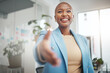 © Allistair/peopleimages.com - Black woman, handshake and business partnership for trust, support or deal in collaboration or meeting at office. African American female employee shaking hands for introduction interview or greeting