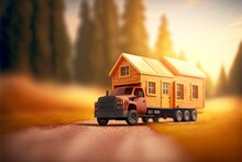 Truck Carrying Wooden Tiny House On Blurred Background, Created With Generative Ai