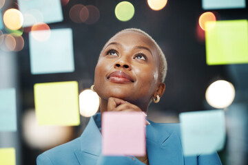 Poster - Thinking, vision and black woman with schedule, planning and agenda, sticky notes and bokeh background. Idea, face and female leader with goal, visual and problem solving, calendar and management