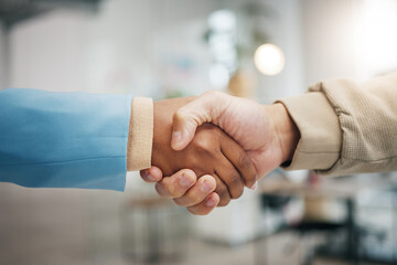 Wall Mural - Business people, handshake and partnership in collaboration for trust, unity or teamwork at the office. Employees shaking hands in meeting, b2b or agreement for team greeting, welcome or deal at work