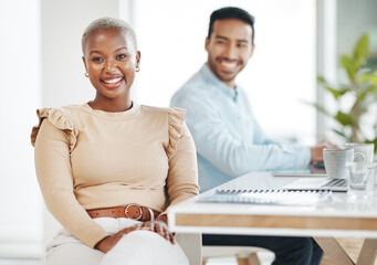 portrait, business smile and black woman in office with coworker and pride for career or profession.