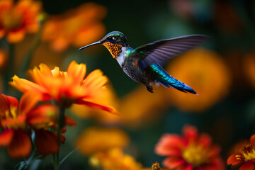 Wall Mural - a humming bird hovering over a colorful, pollen filled flower. Generative AI	